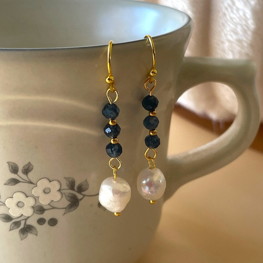Gold-tone Pearl and Sapphire Blue Bead Drop Earrings
